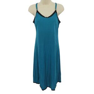 VTG Farr West Women Size 34 Teal Blue Black Lace Trim Q75  Slip Dress Nightgown
